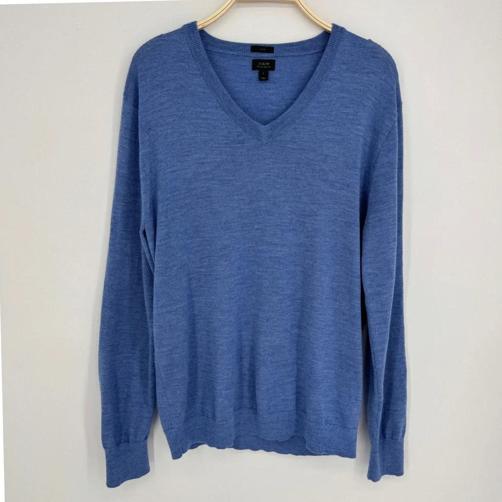 J.Crew Italian Merino Wool V-Neck Sweater Large Blue Slim Fit Tollegno 1900 Soft